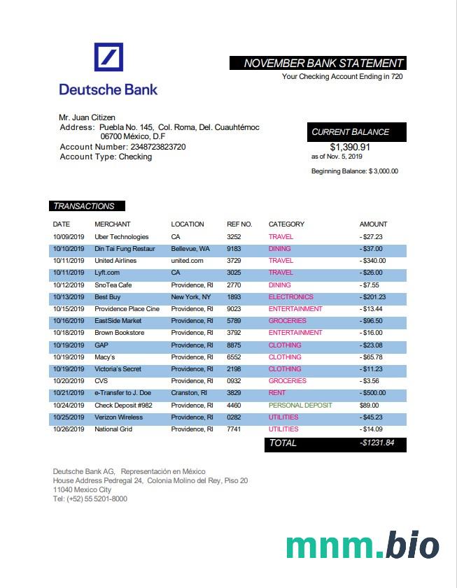 Meksyk Deutsche Bank Wyciąg łatwy do wypełnienia szablon w formacie Excel i PDF